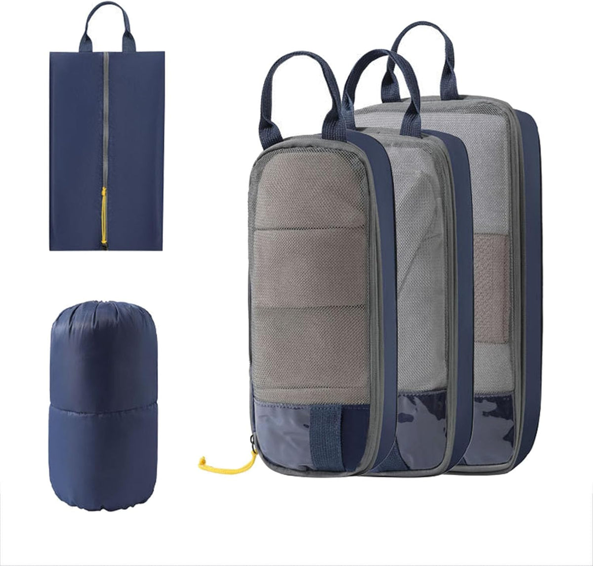 Expandable Space-Saving Cubes/Bags for Travel, Dual Zipper Compression Packing Luggage Organizer Bags with Breathable Mesh Design (Blue + double-ended round bag)
