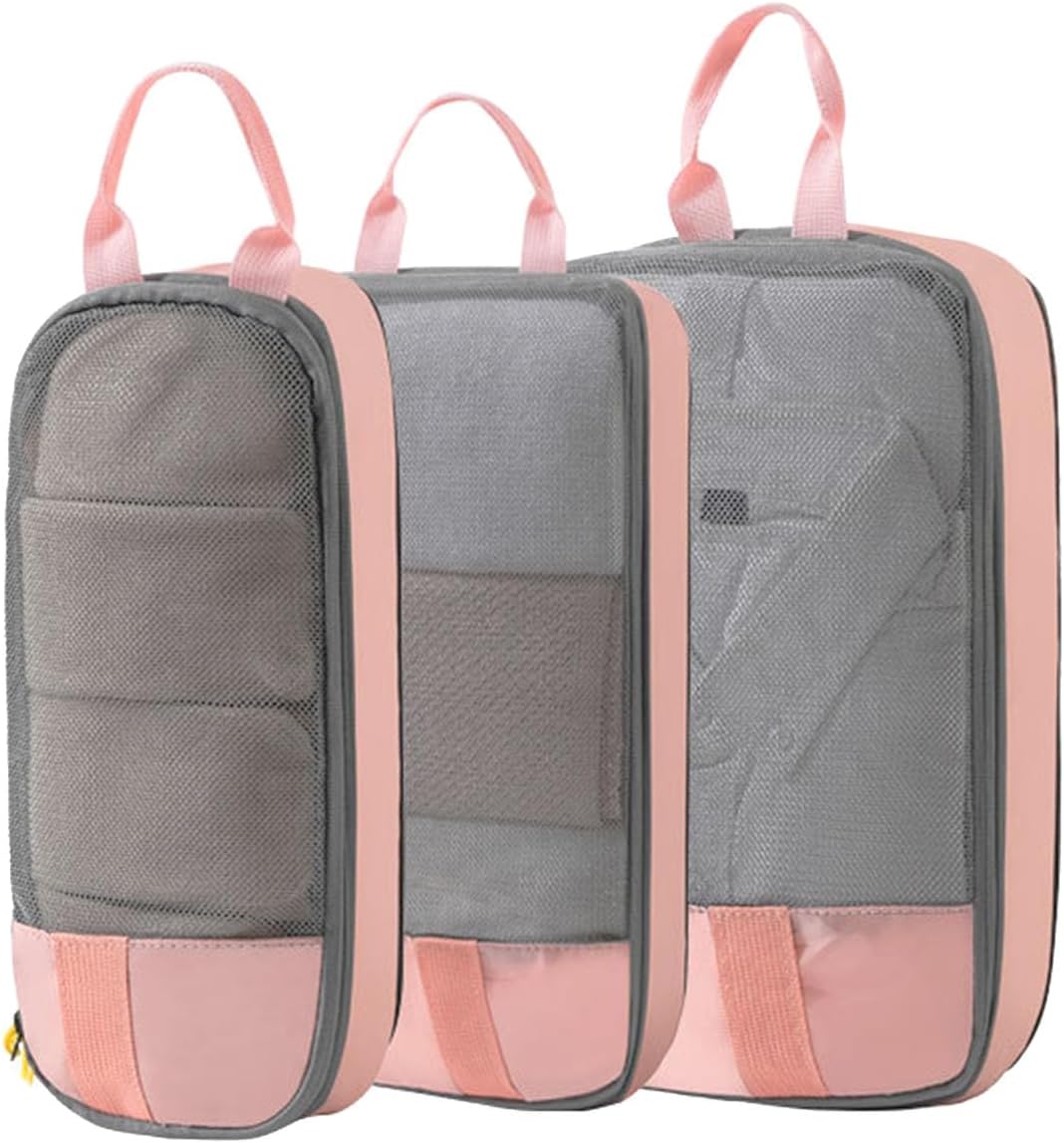 Expandable Space-Saving Cubes/Bags for Travel, Dual Zipper Compression Packing Luggage Organizer Bags with Breathable Mesh Design (Blue + double-ended round bag)