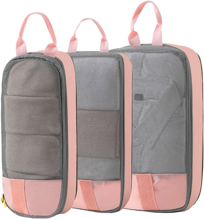 Expandable Space-Saving Cubes/Bags for Travel, Dual Zipper Compression Packing Luggage Organizer Bags with Breathable Mesh Design (Blue + double-ended round bag)
