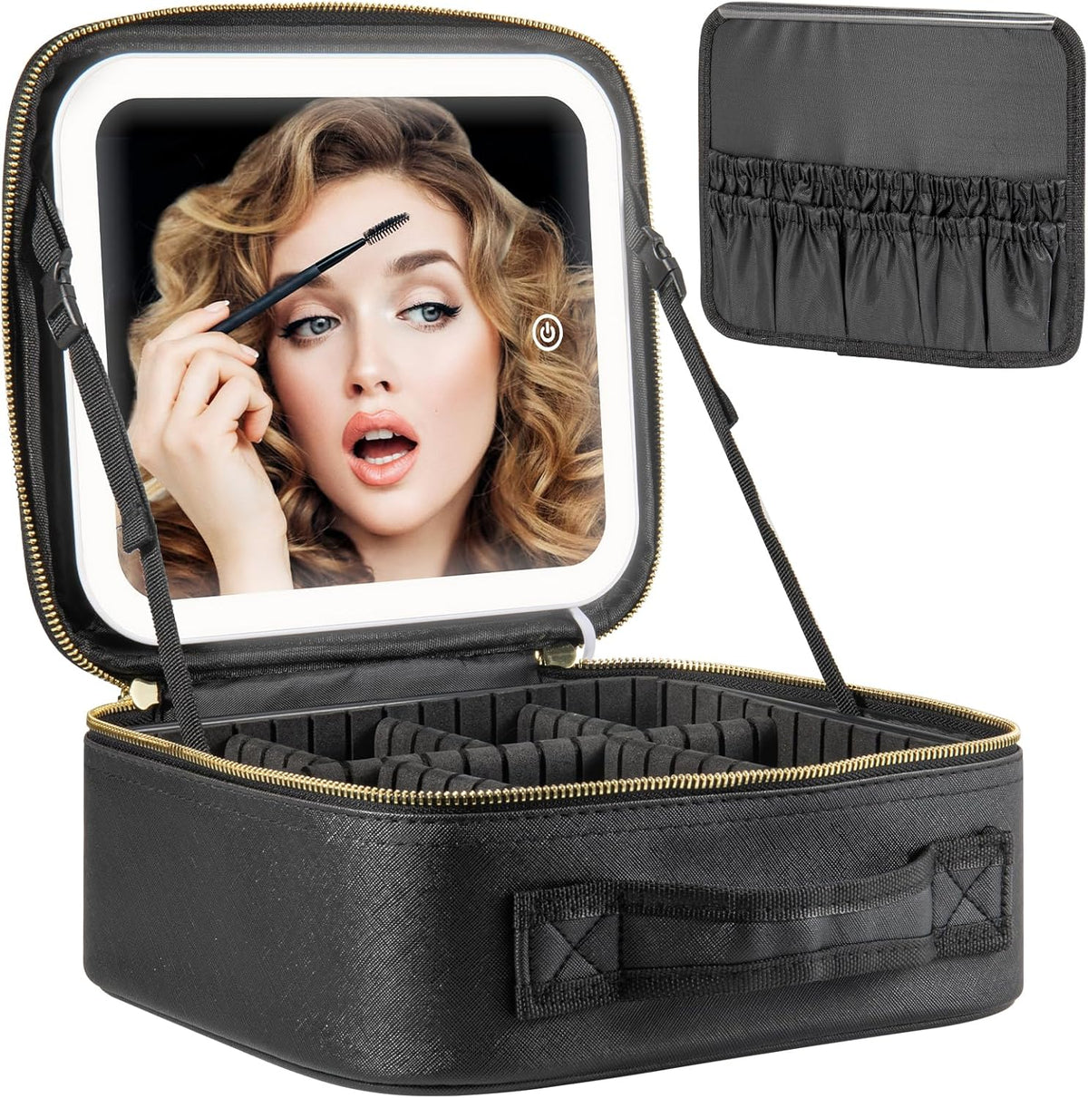 Makeup Travel Train Case with Mirror LED Light 3 Adjustable Brightness Cosmetic Bag Portable Storage Adjustable Partition Waterproof Makeup Brushes Makeup Jewelry Gift for Women (Leopard Print)