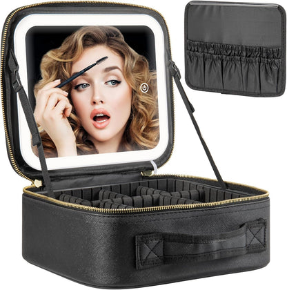 Makeup Travel Train Case with Mirror LED Light 3 Adjustable Brightness Cosmetic Bag Portable Storage Adjustable Partition Waterproof Makeup Brushes Makeup Jewelry Gift for Women (Leopard Print)