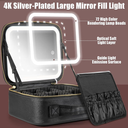 Makeup Travel Train Case with Mirror LED Light 3 Adjustable Brightness Cosmetic Bag Portable Storage Adjustable Partition Waterproof Makeup Brushes Makeup Jewelry Gift for Women (Leopard Print)