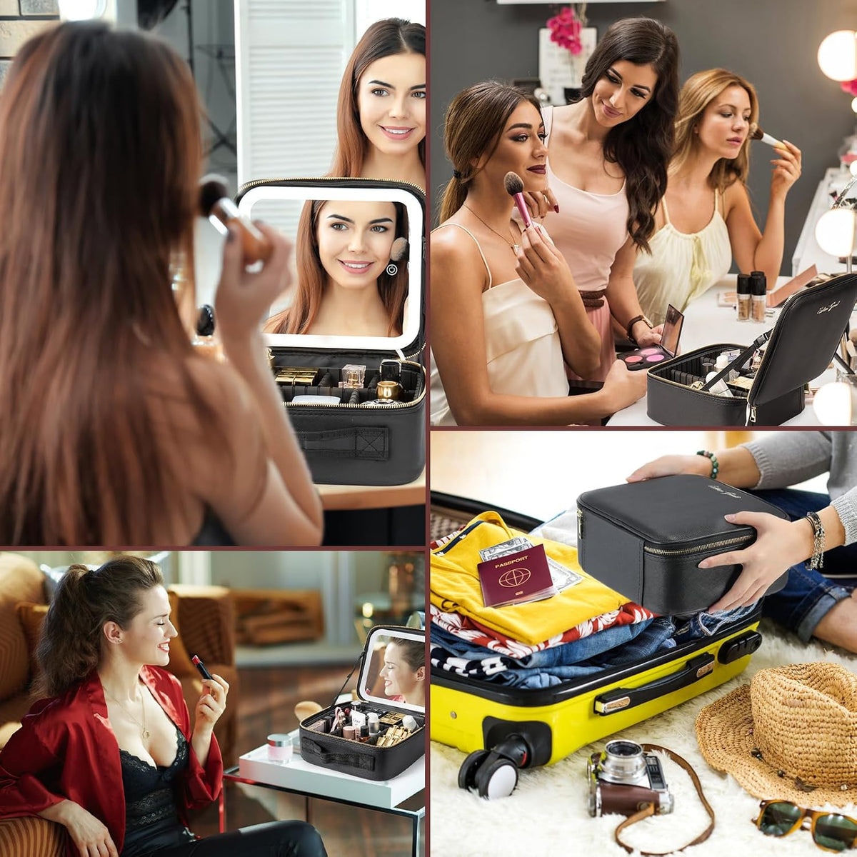 Makeup Travel Train Case with Mirror LED Light 3 Adjustable Brightness Cosmetic Bag Portable Storage Adjustable Partition Waterproof Makeup Brushes Makeup Jewelry Gift for Women (Leopard Print)