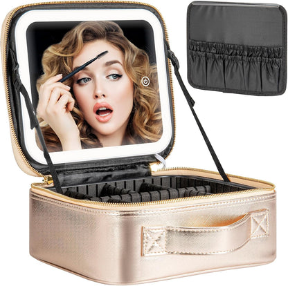 Makeup Travel Train Case with Mirror LED Light 3 Adjustable Brightness Cosmetic Bag Portable Storage Adjustable Partition Waterproof Makeup Brushes Makeup Jewelry Gift for Women (Leopard Print)