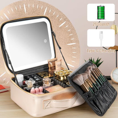 Makeup Travel Train Case with Mirror LED Light 3 Adjustable Brightness Cosmetic Bag Portable Storage Adjustable Partition Waterproof Makeup Brushes Makeup Jewelry Gift for Women (Leopard Print)