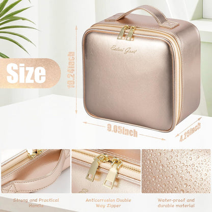 Makeup Travel Train Case with Mirror LED Light 3 Adjustable Brightness Cosmetic Bag Portable Storage Adjustable Partition Waterproof Makeup Brushes Makeup Jewelry Gift for Women (Leopard Print)