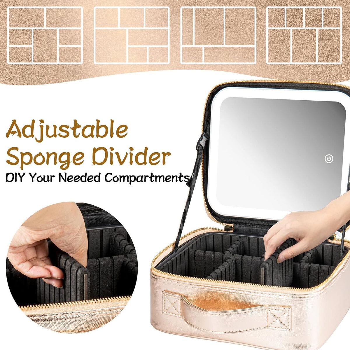 Makeup Travel Train Case with Mirror LED Light 3 Adjustable Brightness Cosmetic Bag Portable Storage Adjustable Partition Waterproof Makeup Brushes Makeup Jewelry Gift for Women (Leopard Print)
