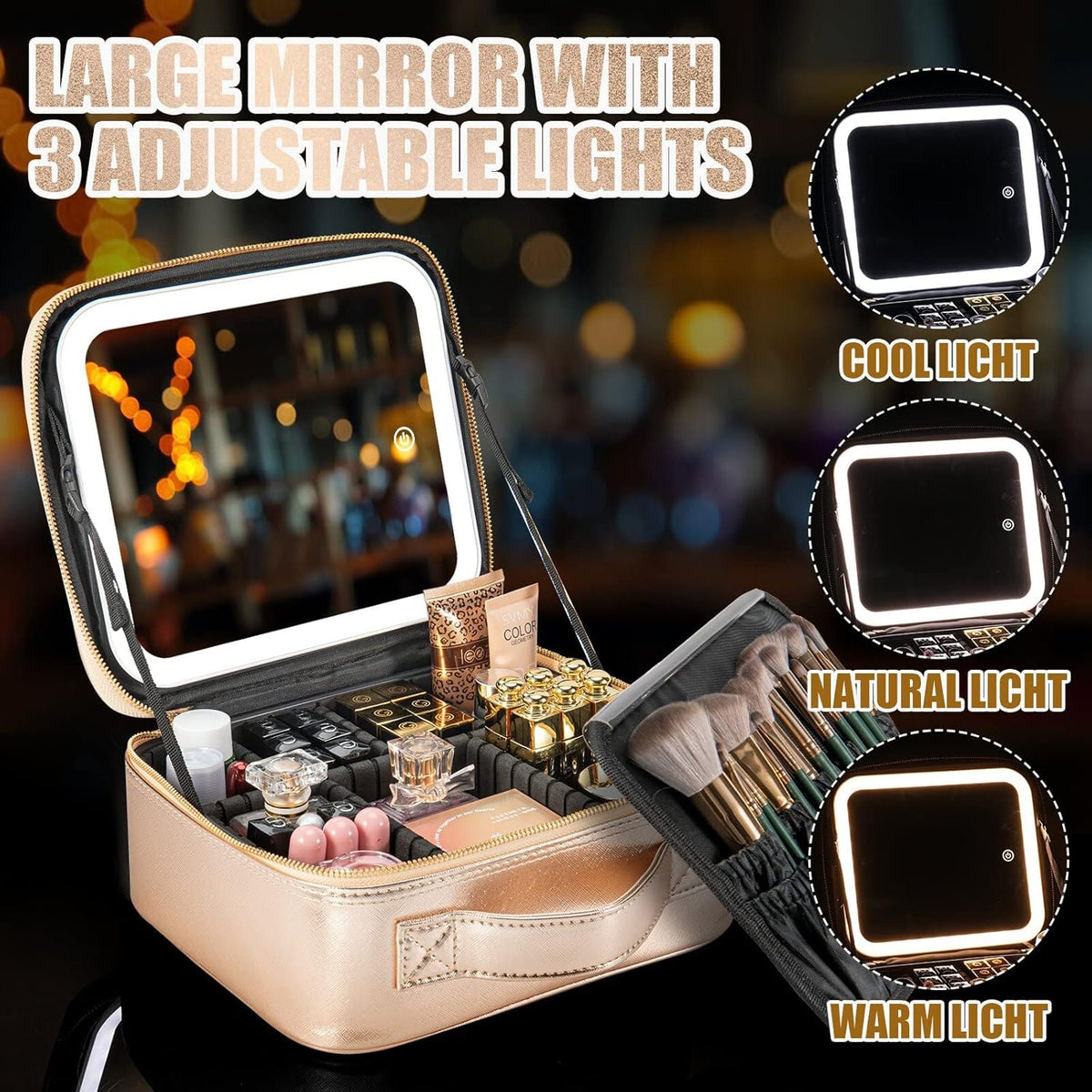 Makeup Travel Train Case with Mirror LED Light 3 Adjustable Brightness Cosmetic Bag Portable Storage Adjustable Partition Waterproof Makeup Brushes Makeup Jewelry Gift for Women (Leopard Print)