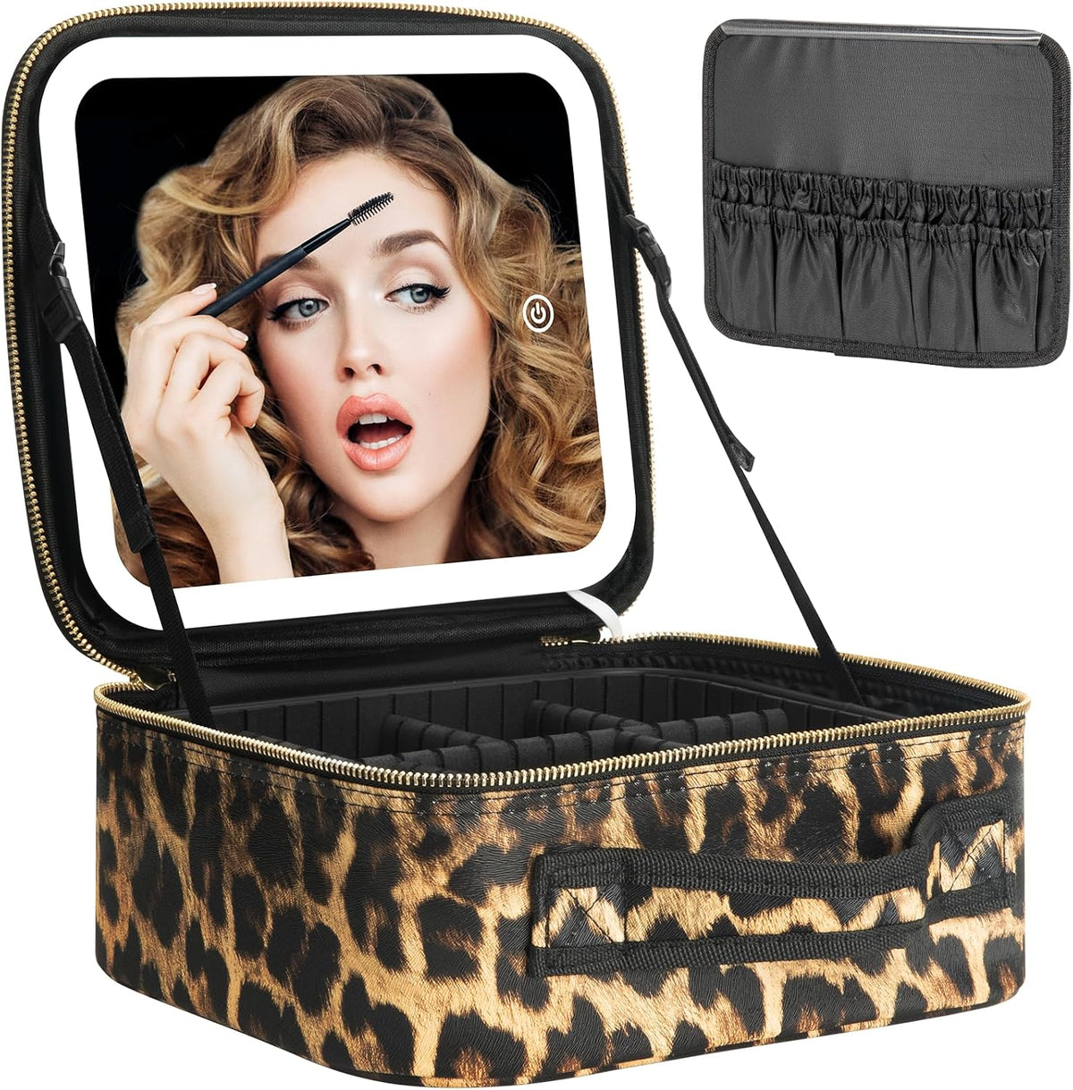 Makeup Travel Train Case with Mirror LED Light 3 Adjustable Brightness Cosmetic Bag Portable Storage Adjustable Partition Waterproof Makeup Brushes Makeup Jewelry Gift for Women (Leopard Print)