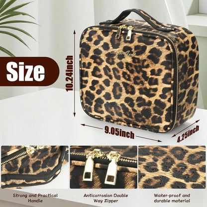 Makeup Travel Train Case with Mirror LED Light 3 Adjustable Brightness Cosmetic Bag Portable Storage Adjustable Partition Waterproof Makeup Brushes Makeup Jewelry Gift for Women (Leopard Print)