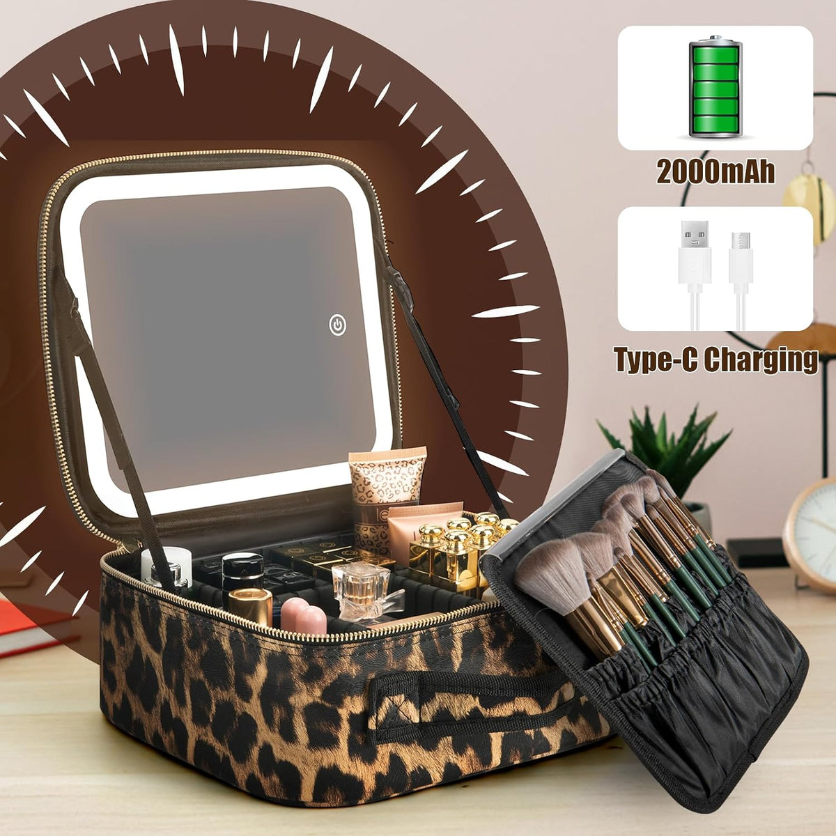 Makeup Travel Train Case with Mirror LED Light 3 Adjustable Brightness Cosmetic Bag Portable Storage Adjustable Partition Waterproof Makeup Brushes Makeup Jewelry Gift for Women (Leopard Print)