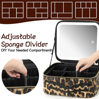 Makeup Travel Train Case with Mirror LED Light 3 Adjustable Brightness Cosmetic Bag Portable Storage Adjustable Partition Waterproof Makeup Brushes Makeup Jewelry Gift for Women (Leopard Print)