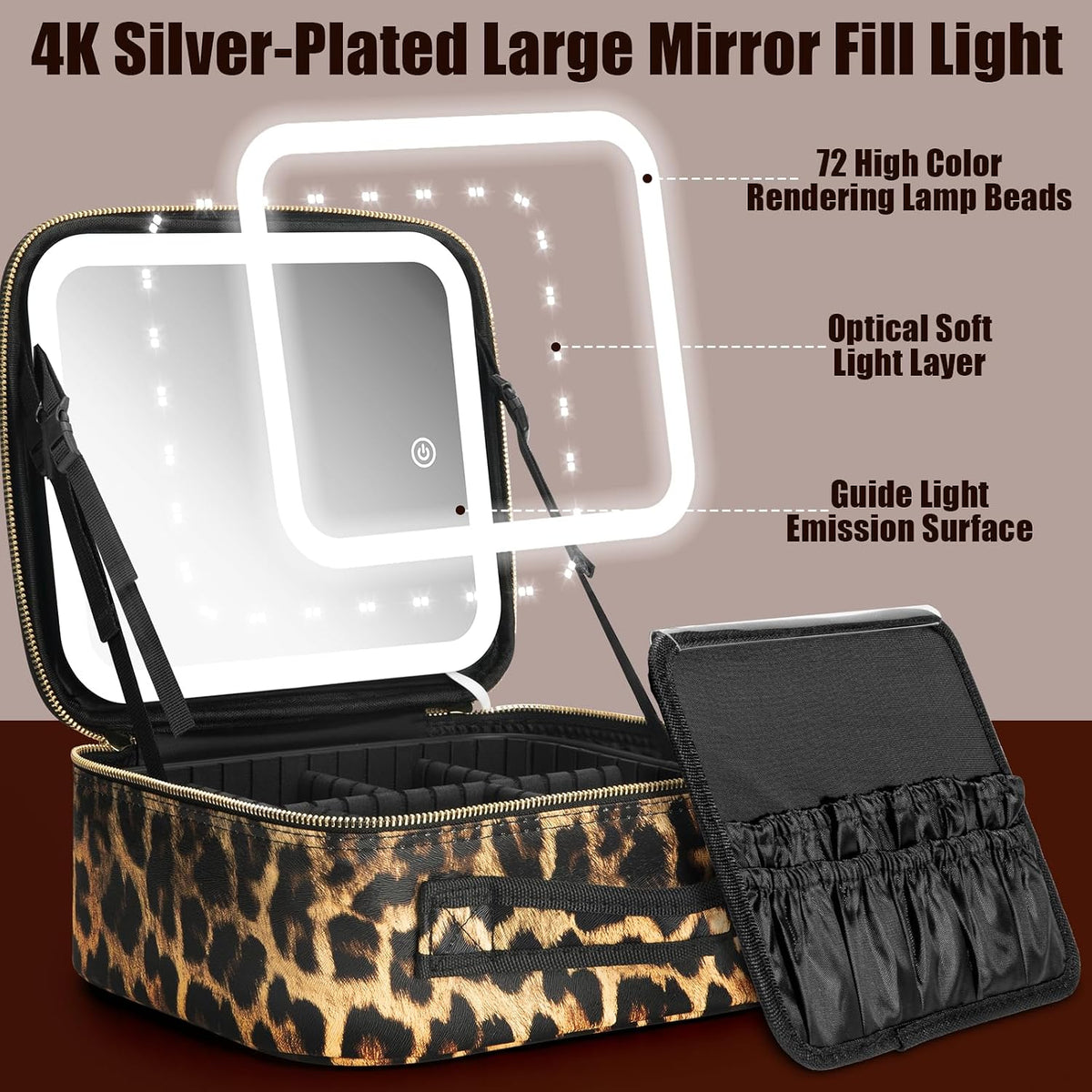Makeup Travel Train Case with Mirror LED Light 3 Adjustable Brightness Cosmetic Bag Portable Storage Adjustable Partition Waterproof Makeup Brushes Makeup Jewelry Gift for Women (Leopard Print)