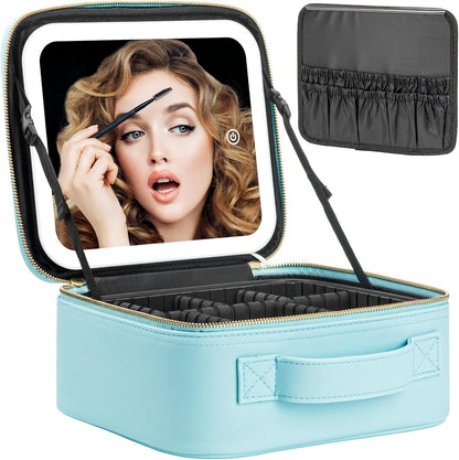 Makeup Travel Train Case with Mirror LED Light 3 Adjustable Brightness Cosmetic Bag Portable Storage Adjustable Partition Waterproof Makeup Brushes Makeup Jewelry Gift for Women (Leopard Print)