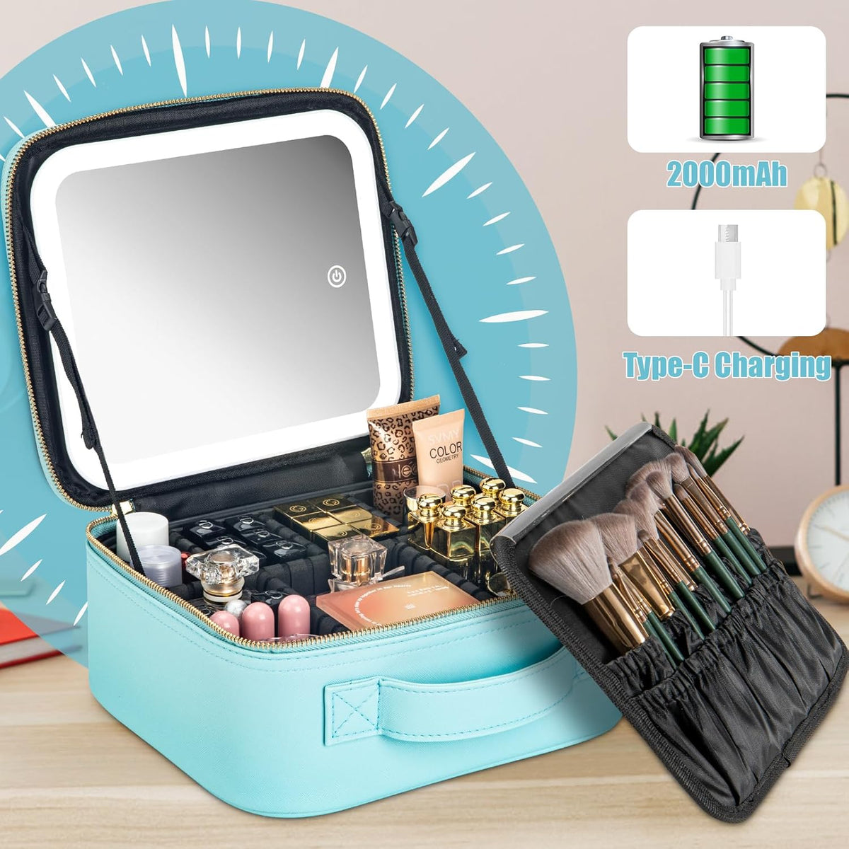 Makeup Travel Train Case with Mirror LED Light 3 Adjustable Brightness Cosmetic Bag Portable Storage Adjustable Partition Waterproof Makeup Brushes Makeup Jewelry Gift for Women (Leopard Print)
