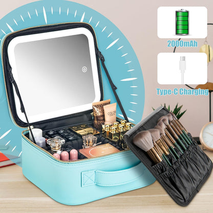 Makeup Travel Train Case with Mirror LED Light 3 Adjustable Brightness Cosmetic Bag Portable Storage Adjustable Partition Waterproof Makeup Brushes Makeup Jewelry Gift for Women (Leopard Print)