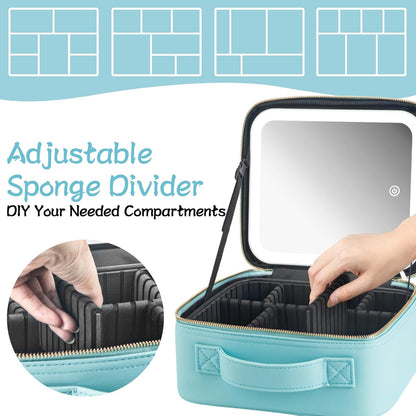 Makeup Travel Train Case with Mirror LED Light 3 Adjustable Brightness Cosmetic Bag Portable Storage Adjustable Partition Waterproof Makeup Brushes Makeup Jewelry Gift for Women (Leopard Print)