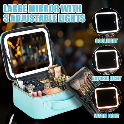 Makeup Travel Train Case with Mirror LED Light 3 Adjustable Brightness Cosmetic Bag Portable Storage Adjustable Partition Waterproof Makeup Brushes Makeup Jewelry Gift for Women (Leopard Print)