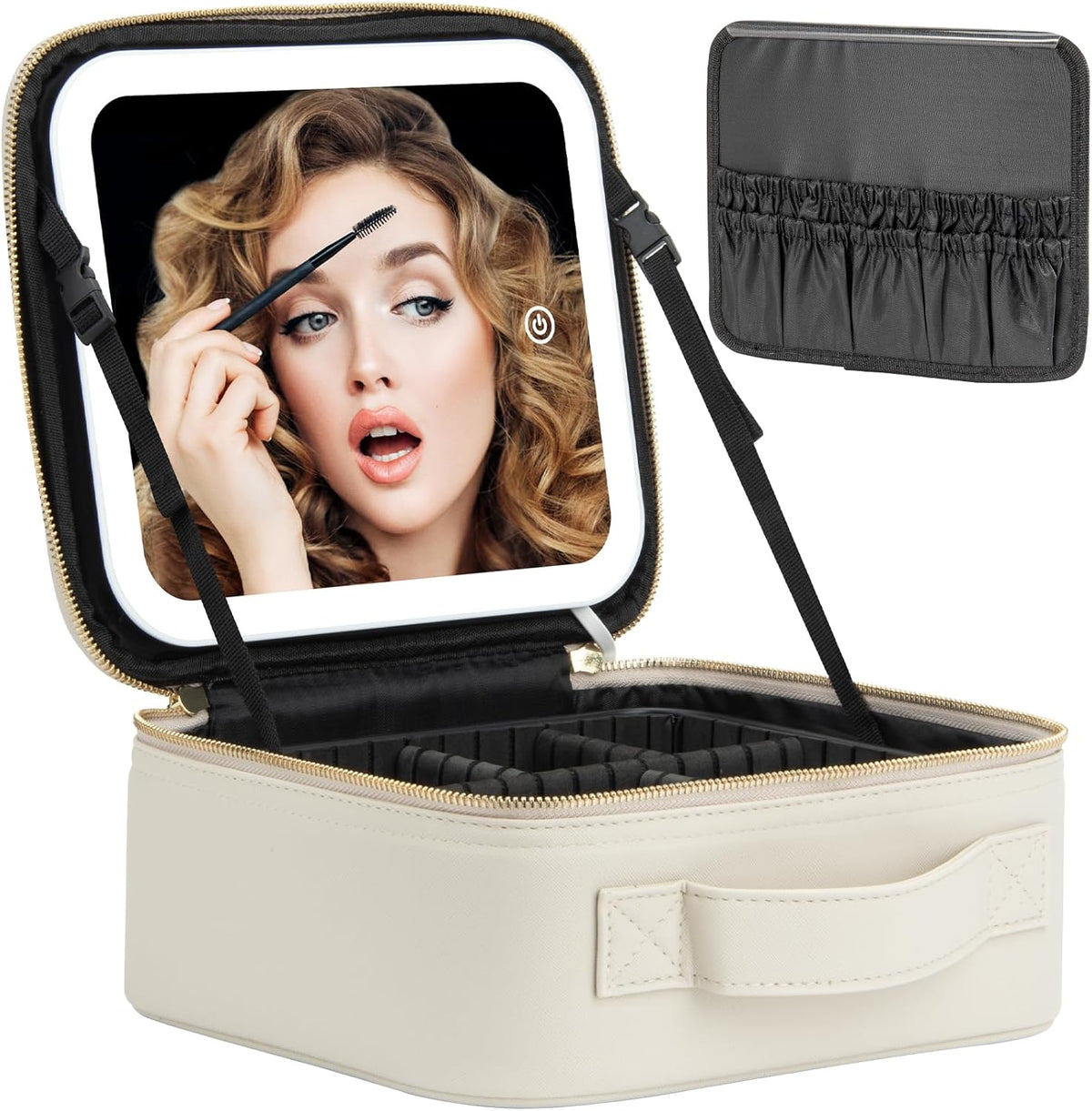 Makeup Travel Train Case with Mirror LED Light 3 Adjustable Brightness Cosmetic Bag Portable Storage Adjustable Partition Waterproof Makeup Brushes Makeup Jewelry Gift for Women (Leopard Print)
