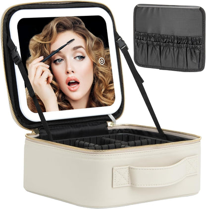 Makeup Travel Train Case with Mirror LED Light 3 Adjustable Brightness Cosmetic Bag Portable Storage Adjustable Partition Waterproof Makeup Brushes Makeup Jewelry Gift for Women (Leopard Print)