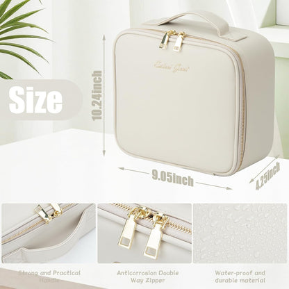 Makeup Travel Train Case with Mirror LED Light 3 Adjustable Brightness Cosmetic Bag Portable Storage Adjustable Partition Waterproof Makeup Brushes Makeup Jewelry Gift for Women (Leopard Print)