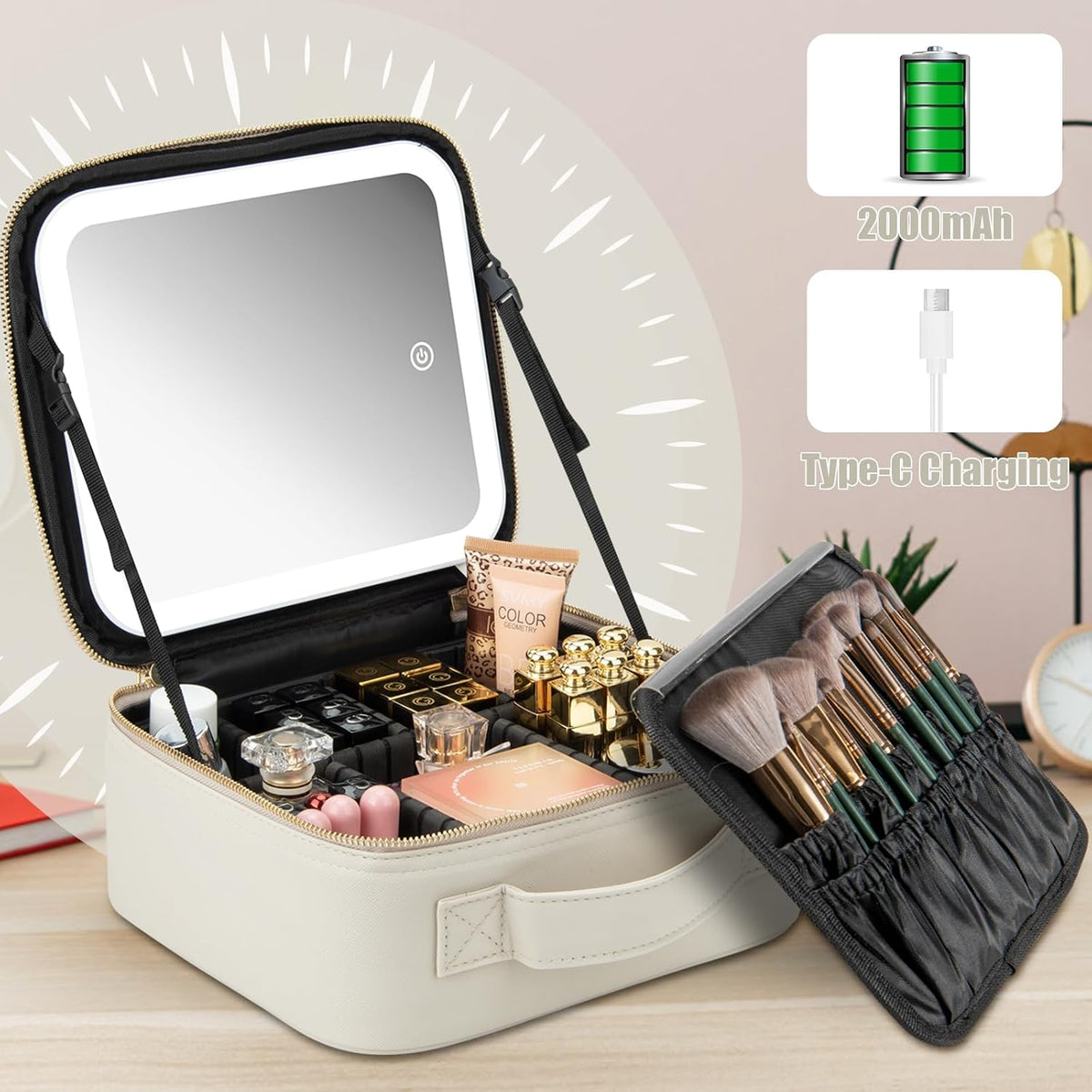 Makeup Travel Train Case with Mirror LED Light 3 Adjustable Brightness Cosmetic Bag Portable Storage Adjustable Partition Waterproof Makeup Brushes Makeup Jewelry Gift for Women (Leopard Print)