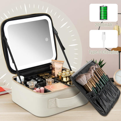 Makeup Travel Train Case with Mirror LED Light 3 Adjustable Brightness Cosmetic Bag Portable Storage Adjustable Partition Waterproof Makeup Brushes Makeup Jewelry Gift for Women (Leopard Print)