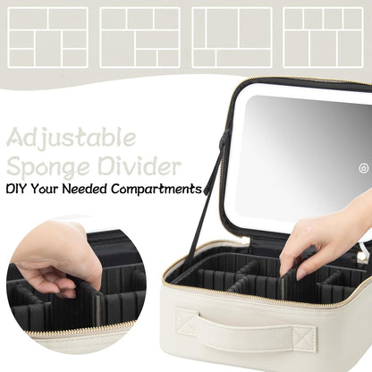 Makeup Travel Train Case with Mirror LED Light 3 Adjustable Brightness Cosmetic Bag Portable Storage Adjustable Partition Waterproof Makeup Brushes Makeup Jewelry Gift for Women (Leopard Print)