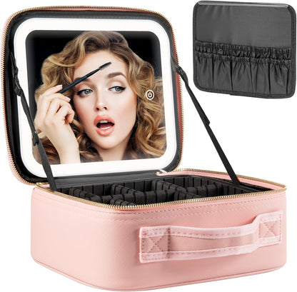 Makeup Travel Train Case with Mirror LED Light 3 Adjustable Brightness Cosmetic Bag Portable Storage Adjustable Partition Waterproof Makeup Brushes Makeup Jewelry Gift for Women (Leopard Print)