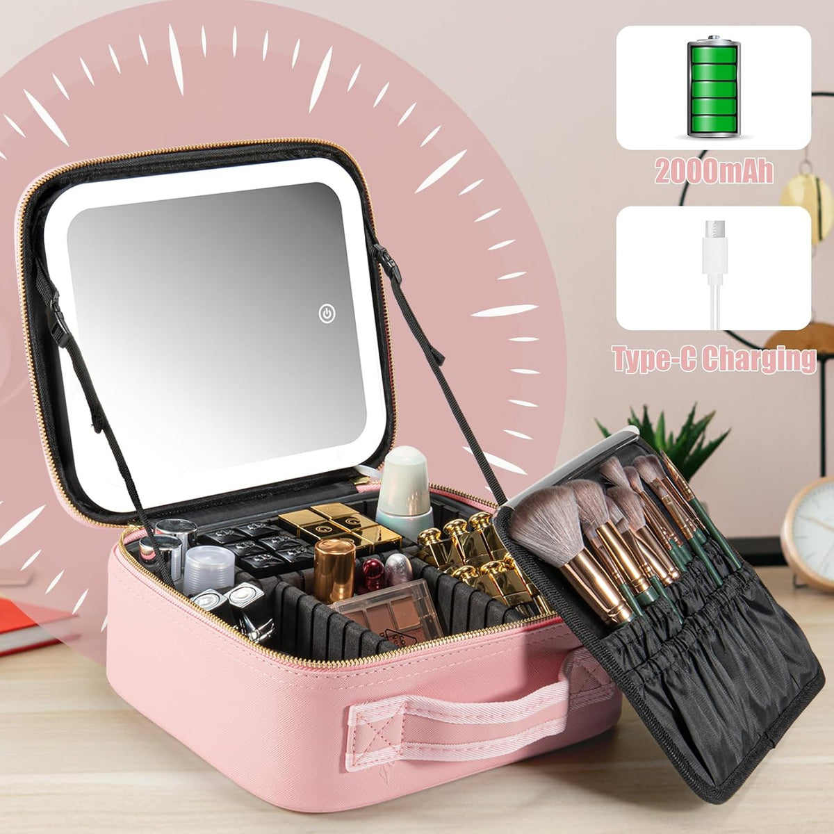 Makeup Travel Train Case with Mirror LED Light 3 Adjustable Brightness Cosmetic Bag Portable Storage Adjustable Partition Waterproof Makeup Brushes Makeup Jewelry Gift for Women (Leopard Print)
