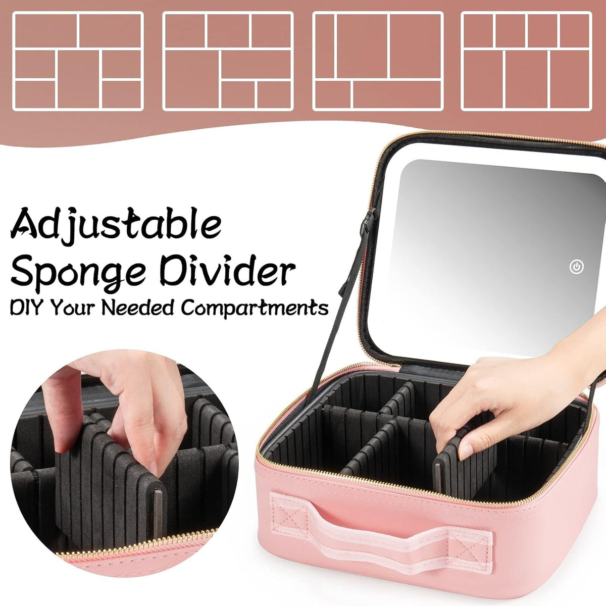 Makeup Travel Train Case with Mirror LED Light 3 Adjustable Brightness Cosmetic Bag Portable Storage Adjustable Partition Waterproof Makeup Brushes Makeup Jewelry Gift for Women (Leopard Print)