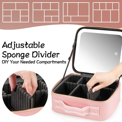 Makeup Travel Train Case with Mirror LED Light 3 Adjustable Brightness Cosmetic Bag Portable Storage Adjustable Partition Waterproof Makeup Brushes Makeup Jewelry Gift for Women (Leopard Print)