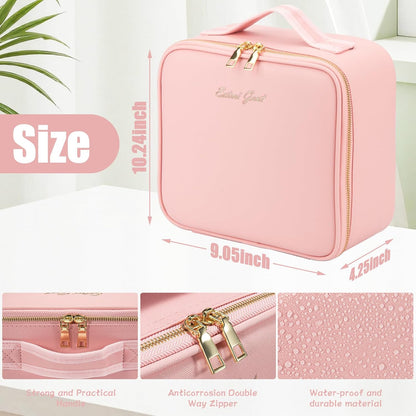 Makeup Travel Train Case with Mirror LED Light 3 Adjustable Brightness Cosmetic Bag Portable Storage Adjustable Partition Waterproof Makeup Brushes Makeup Jewelry Gift for Women (Leopard Print)