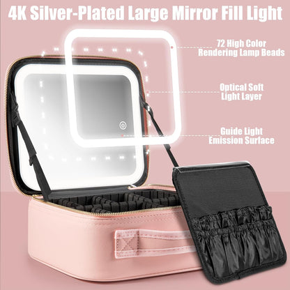 Makeup Travel Train Case with Mirror LED Light 3 Adjustable Brightness Cosmetic Bag Portable Storage Adjustable Partition Waterproof Makeup Brushes Makeup Jewelry Gift for Women (Leopard Print)