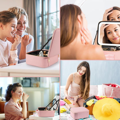 Makeup Travel Train Case with Mirror LED Light 3 Adjustable Brightness Cosmetic Bag Portable Storage Adjustable Partition Waterproof Makeup Brushes Makeup Jewelry Gift for Women (Leopard Print)