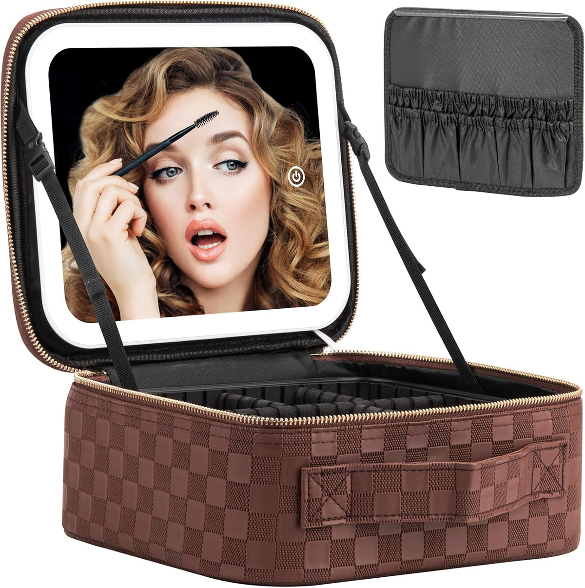 Makeup Travel Train Case with Mirror LED Light 3 Adjustable Brightness Cosmetic Bag Portable Storage Adjustable Partition Waterproof Makeup Brushes Makeup Jewelry Gift for Women (Leopard Print)