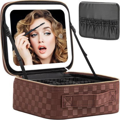 Makeup Travel Train Case with Mirror LED Light 3 Adjustable Brightness Cosmetic Bag Portable Storage Adjustable Partition Waterproof Makeup Brushes Makeup Jewelry Gift for Women (Leopard Print)