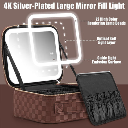 Makeup Travel Train Case with Mirror LED Light 3 Adjustable Brightness Cosmetic Bag Portable Storage Adjustable Partition Waterproof Makeup Brushes Makeup Jewelry Gift for Women (Leopard Print)