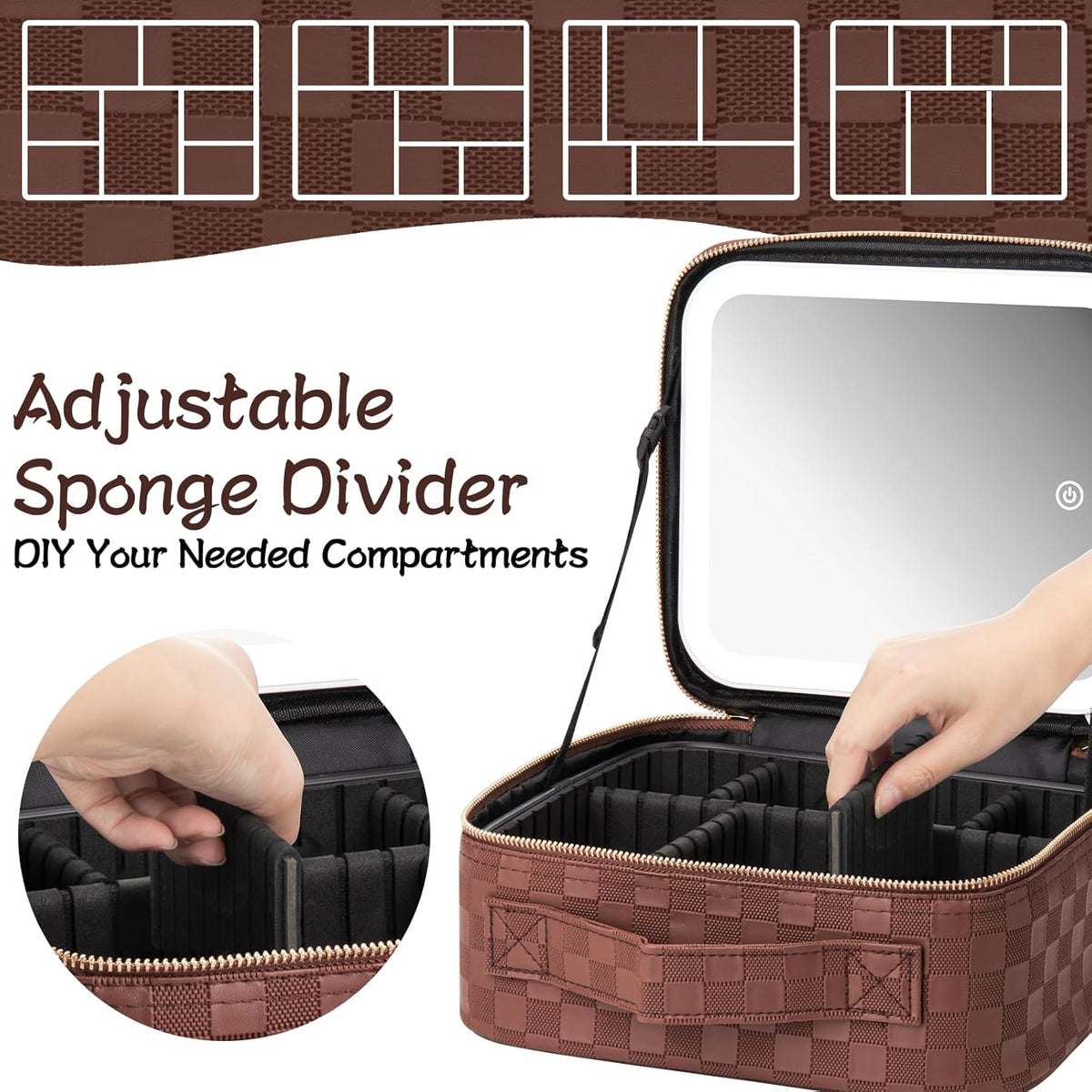 Makeup Travel Train Case with Mirror LED Light 3 Adjustable Brightness Cosmetic Bag Portable Storage Adjustable Partition Waterproof Makeup Brushes Makeup Jewelry Gift for Women (Leopard Print)