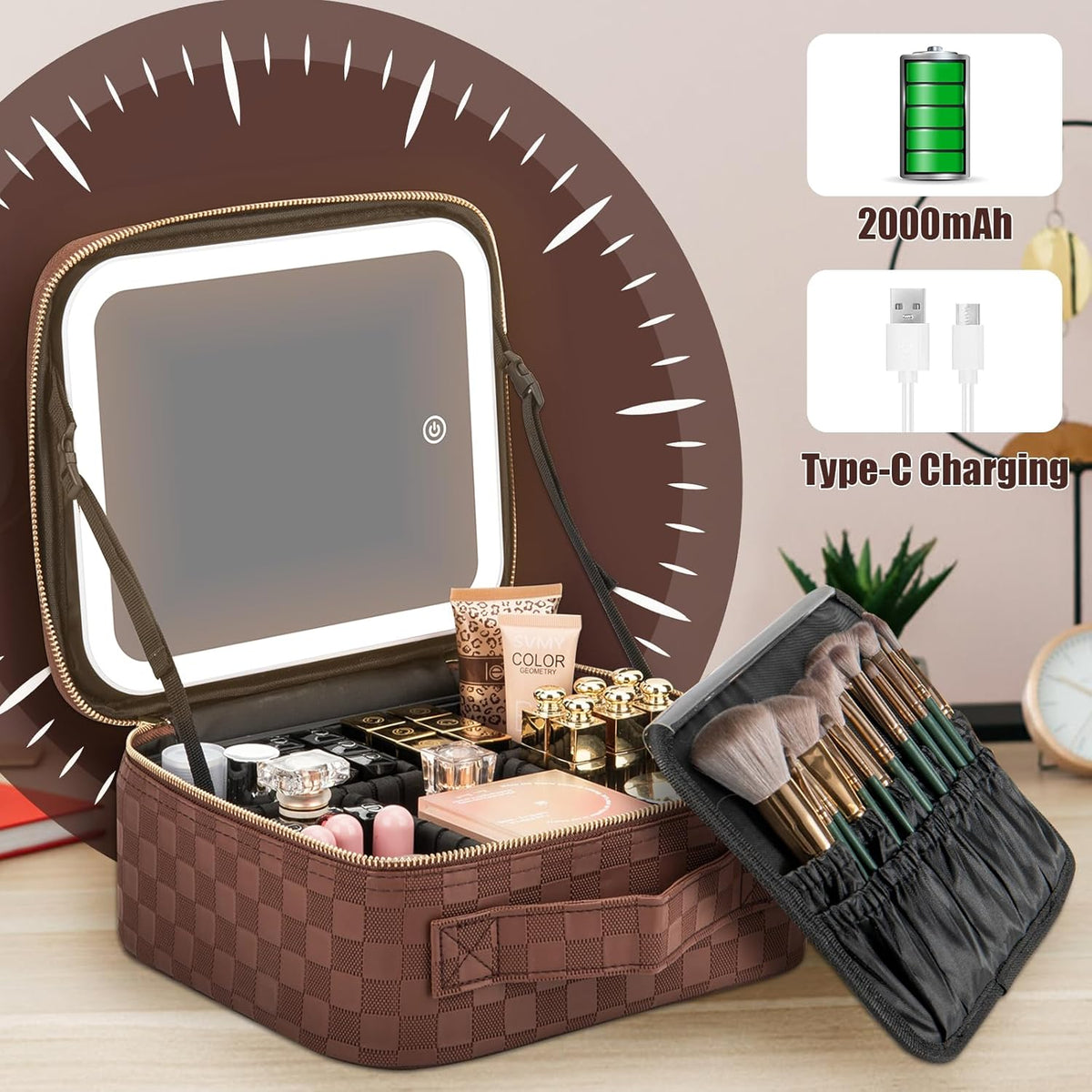 Makeup Travel Train Case with Mirror LED Light 3 Adjustable Brightness Cosmetic Bag Portable Storage Adjustable Partition Waterproof Makeup Brushes Makeup Jewelry Gift for Women (Leopard Print)