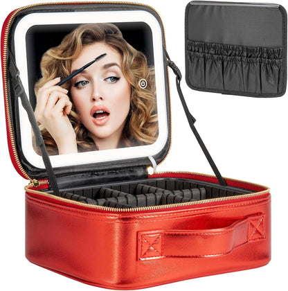 Makeup Travel Train Case with Mirror LED Light 3 Adjustable Brightness Cosmetic Bag Portable Storage Adjustable Partition Waterproof Makeup Brushes Makeup Jewelry Gift for Women (Leopard Print)