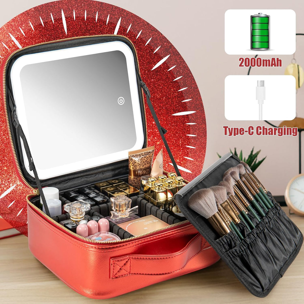 Makeup Travel Train Case with Mirror LED Light 3 Adjustable Brightness Cosmetic Bag Portable Storage Adjustable Partition Waterproof Makeup Brushes Makeup Jewelry Gift for Women (Leopard Print)