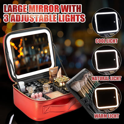 Makeup Travel Train Case with Mirror LED Light 3 Adjustable Brightness Cosmetic Bag Portable Storage Adjustable Partition Waterproof Makeup Brushes Makeup Jewelry Gift for Women (Leopard Print)