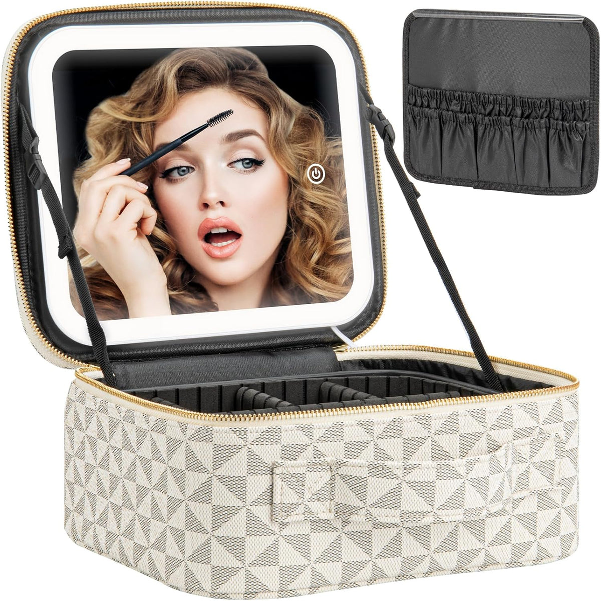 Makeup Travel Train Case with Mirror LED Light 3 Adjustable Brightness Cosmetic Bag Portable Storage Adjustable Partition Waterproof Makeup Brushes Makeup Jewelry Gift for Women (Leopard Print)