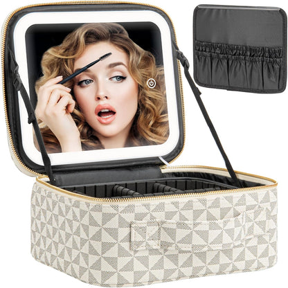 Makeup Travel Train Case with Mirror LED Light 3 Adjustable Brightness Cosmetic Bag Portable Storage Adjustable Partition Waterproof Makeup Brushes Makeup Jewelry Gift for Women (Leopard Print)