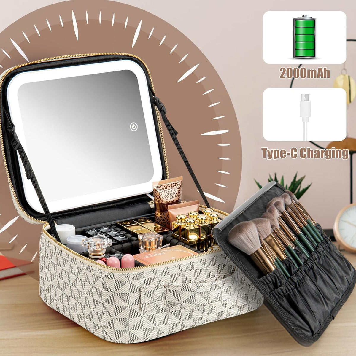 Makeup Travel Train Case with Mirror LED Light 3 Adjustable Brightness Cosmetic Bag Portable Storage Adjustable Partition Waterproof Makeup Brushes Makeup Jewelry Gift for Women (Leopard Print)