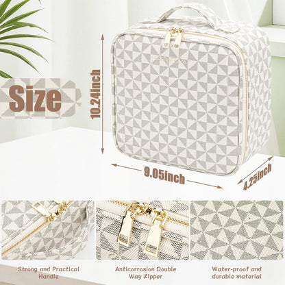 Makeup Travel Train Case with Mirror LED Light 3 Adjustable Brightness Cosmetic Bag Portable Storage Adjustable Partition Waterproof Makeup Brushes Makeup Jewelry Gift for Women (Leopard Print)