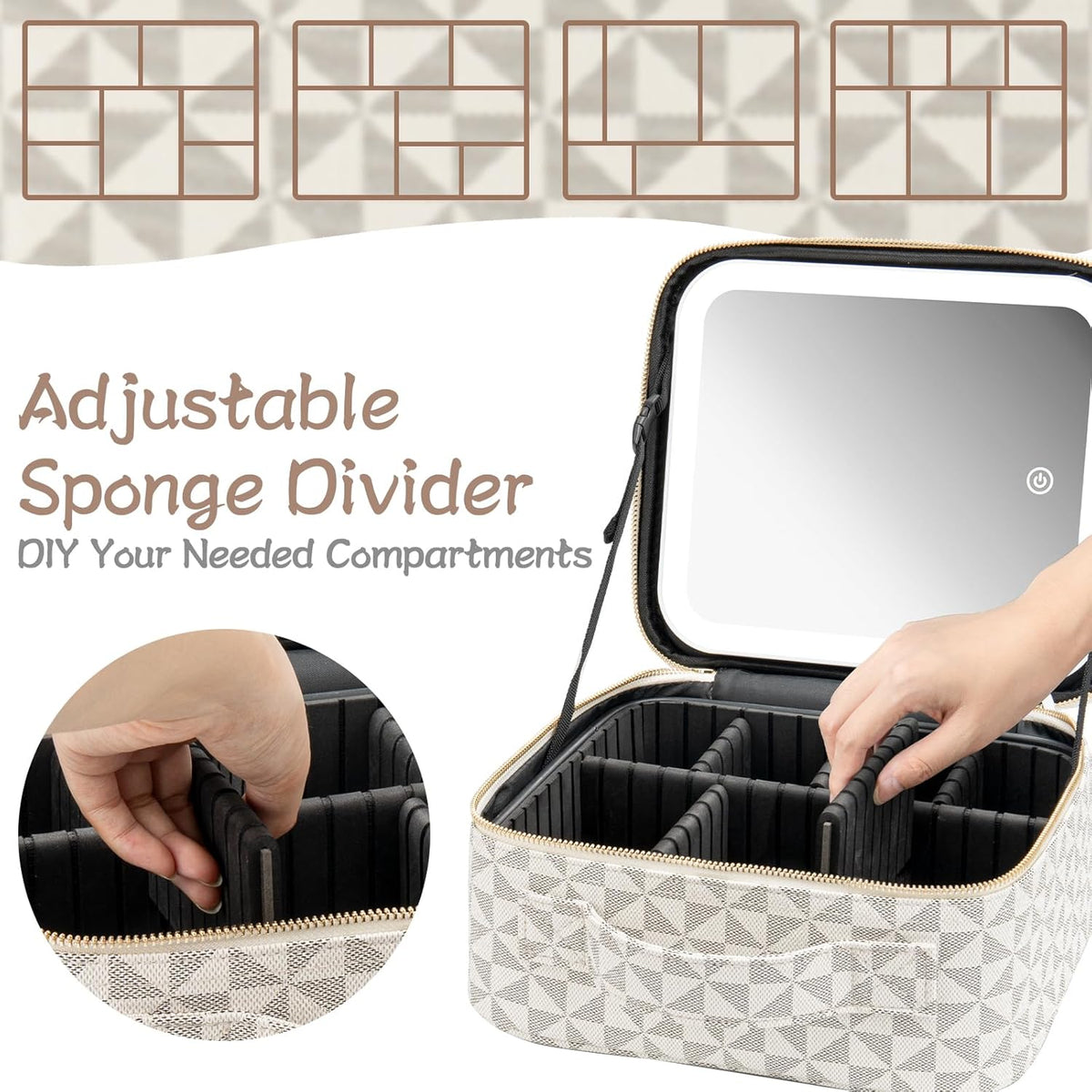 Makeup Travel Train Case with Mirror LED Light 3 Adjustable Brightness Cosmetic Bag Portable Storage Adjustable Partition Waterproof Makeup Brushes Makeup Jewelry Gift for Women (Leopard Print)