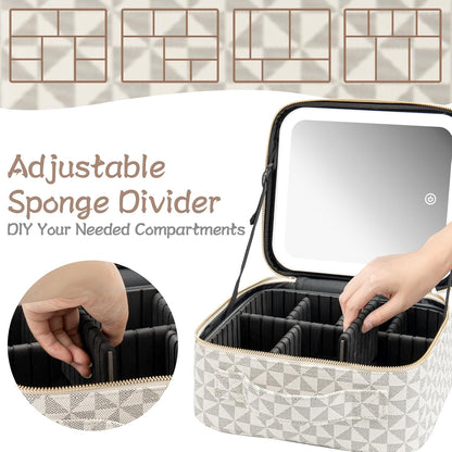 Makeup Travel Train Case with Mirror LED Light 3 Adjustable Brightness Cosmetic Bag Portable Storage Adjustable Partition Waterproof Makeup Brushes Makeup Jewelry Gift for Women (Leopard Print)