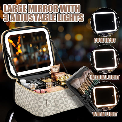 Makeup Travel Train Case with Mirror LED Light 3 Adjustable Brightness Cosmetic Bag Portable Storage Adjustable Partition Waterproof Makeup Brushes Makeup Jewelry Gift for Women (Leopard Print)